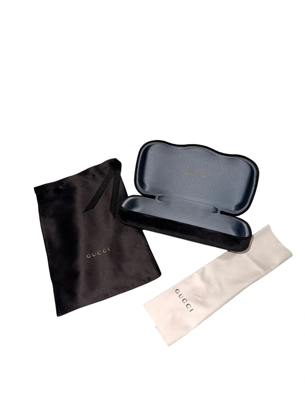 Gucci Black Velvet Eyewear Case with Gold Logo, Dust Pouch, Gucci Cleaning Cloth